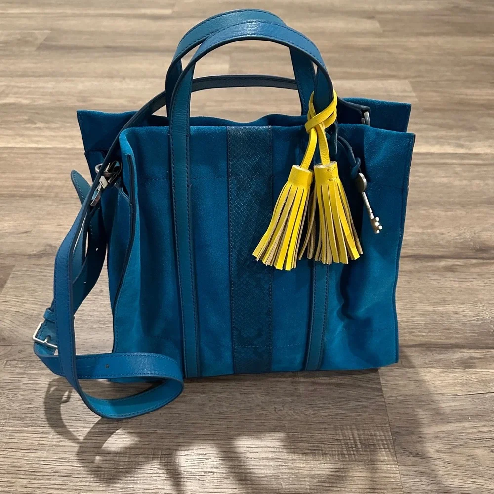 Fossil Hope Satchel Teal Blue Suede Snake Embossed Leather Tassel Handbag Bag